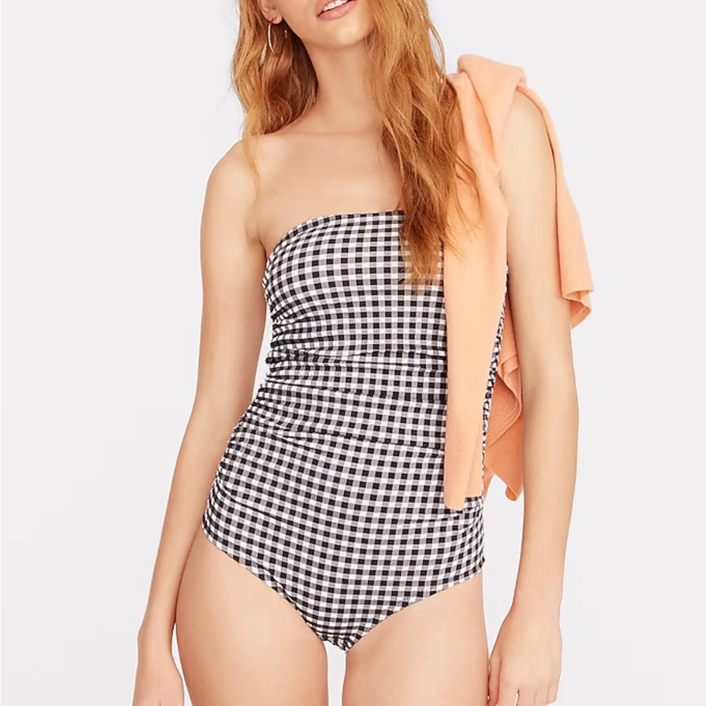 Jcrew navy and white Ruched bandeau one-piece in gingham